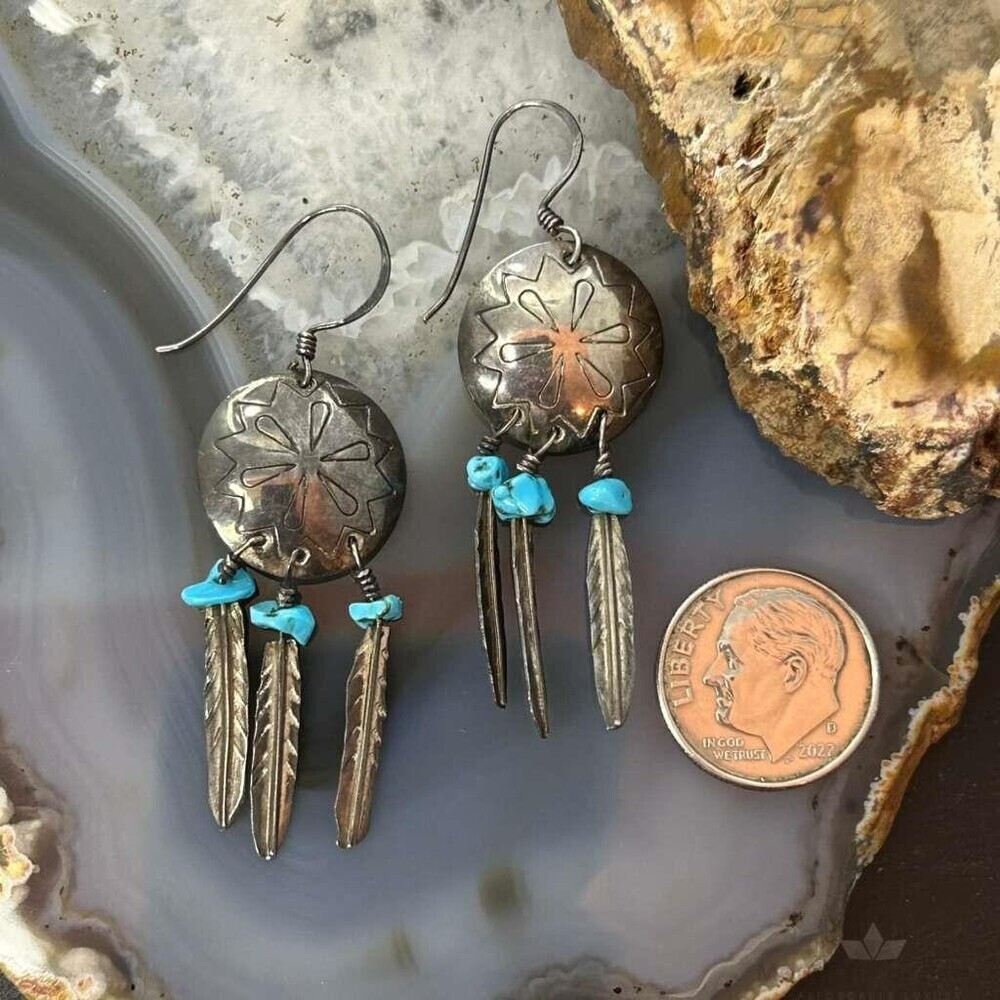 Vintage Native American Silver Turquoise w/Feather Dangle Earrings For Women - Picture 8 of 10